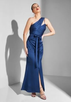 Belted One Shoulder Front Slit Dress