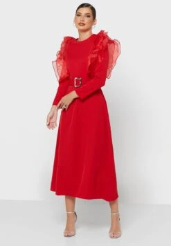 Belted Ruffled Shoulder Detail Dress