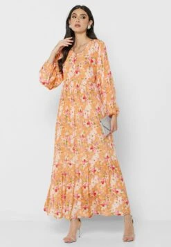 Floral Print Puff Sleeve Tiered Dress