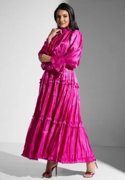 High Neck Ruffle Sleeve Belted Plisse Dress