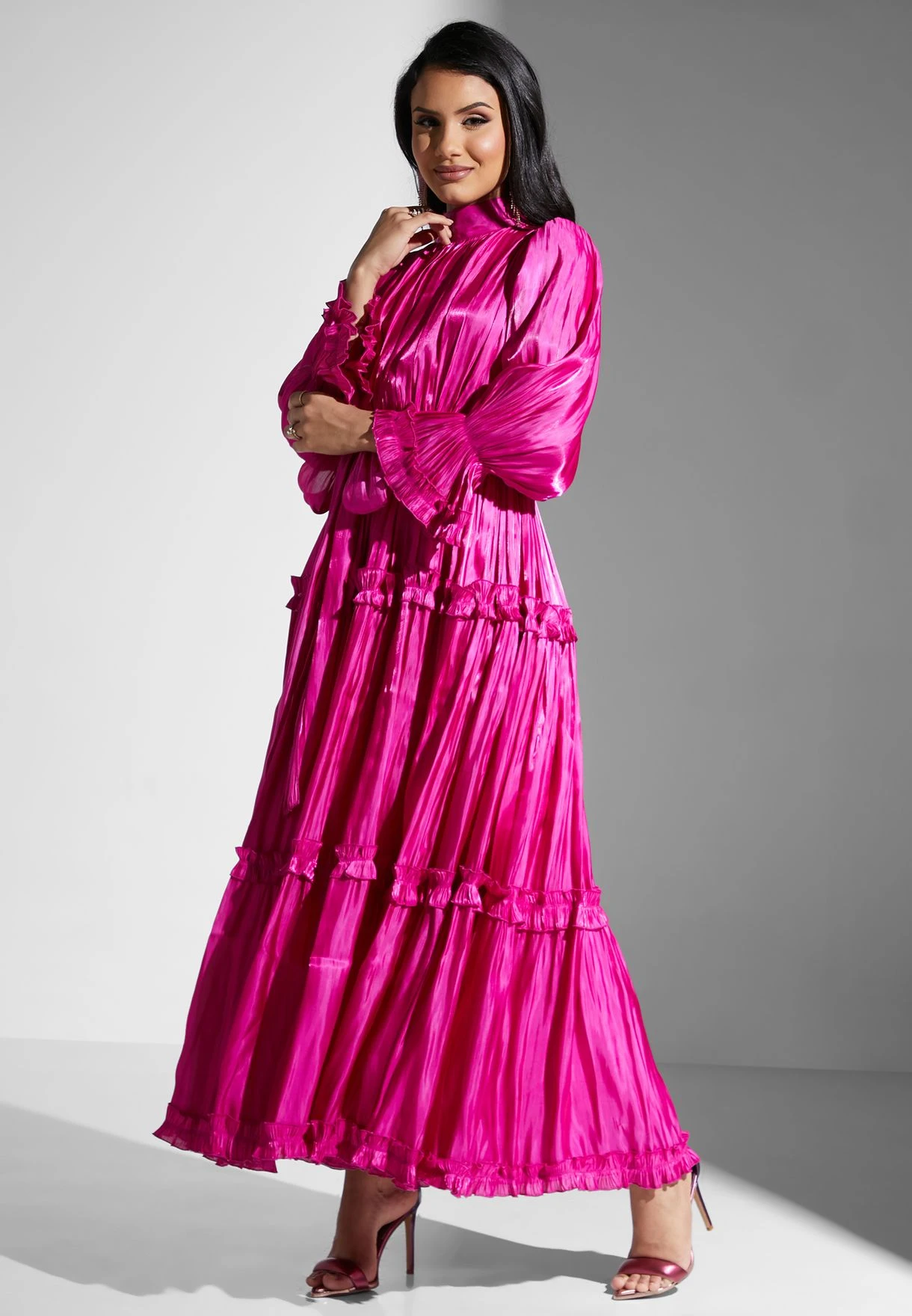 High Neck Ruffle Sleeve Belted Plisse Dress 1 High Neck Ruffle Sleeve Belted Plisse Dress