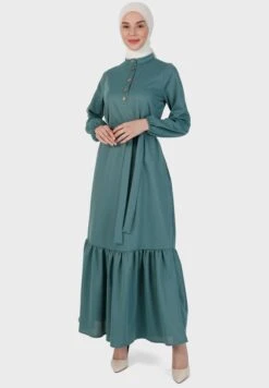 Button Detail Belted Tiered Hem Dress