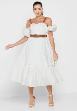 Balloon Sleeve Tiered Belted Dress