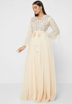 Flute Sleeve Embellished Tiered Dress