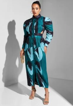 Plisse Button Detail Printed Dress