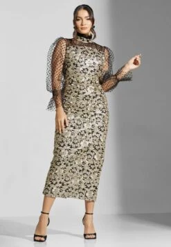 Belted Sequin Mesh Detail Dress