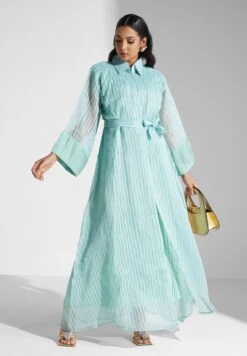 Self Striped Belted Shirt Dress