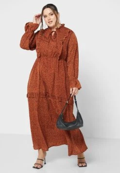 Tie Neck Tiered Frill Detail Dress