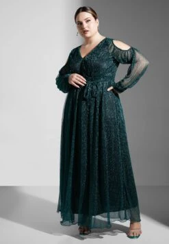 Metallic Plisse Cold Shoulder Dress