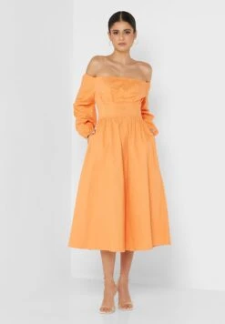 Little Mistress Balloon Sleeve Bardot Pleat Detail Dress