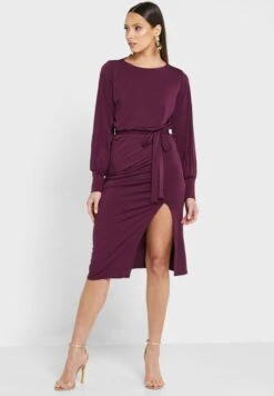 Balloon Sleeve Tie Detail Front Split Dress