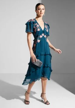 Plunge Neck Embroidered Ruffle Detail Dress