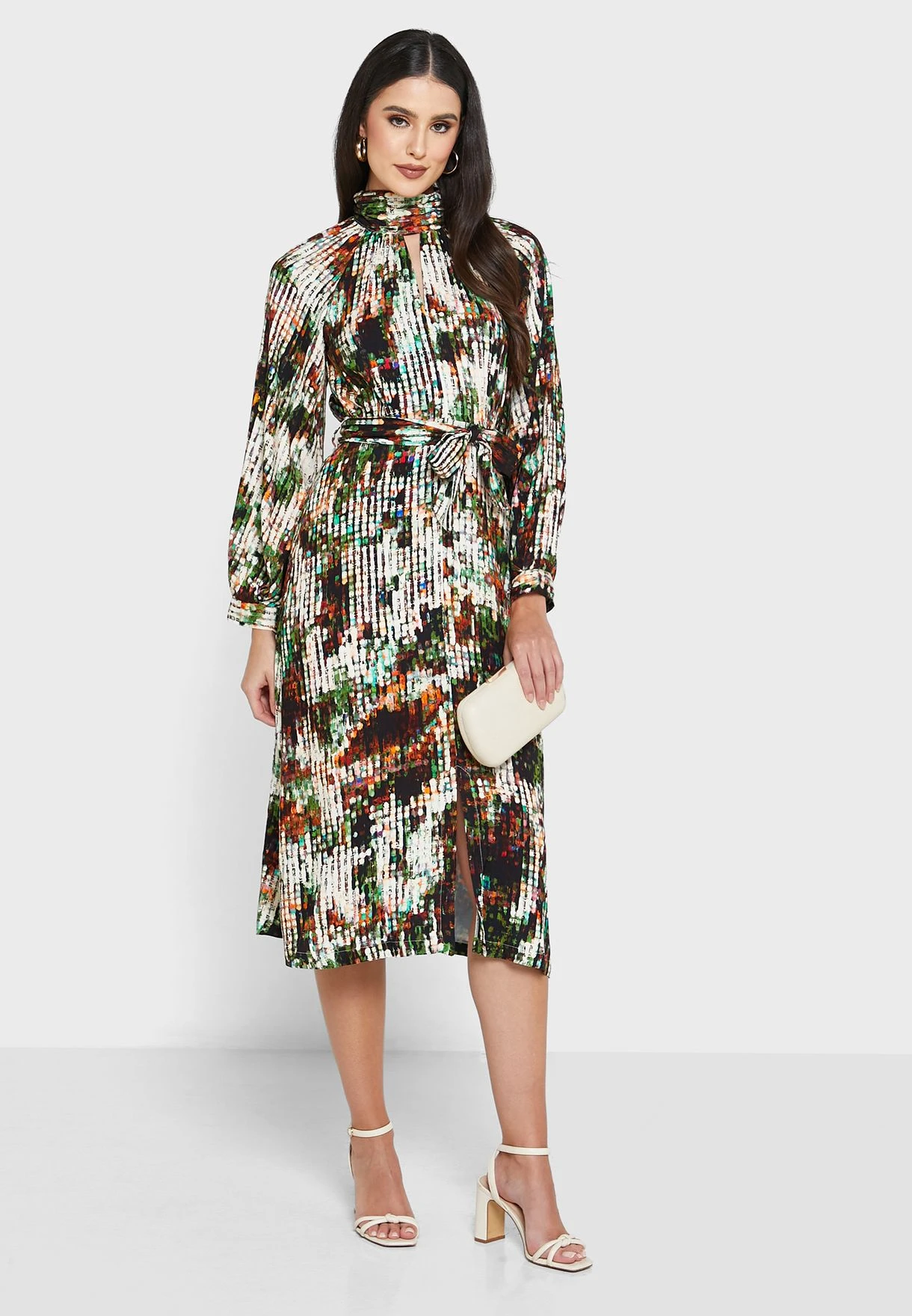High Neck Belt Detail Printed Dress 1 High Neck Belt Detail Printed Dress
