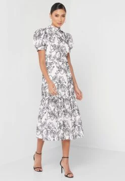 Puff Sleeve High Neck Floral Print Dress