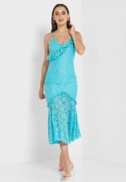 Little Mistress Waterfall Trim Pleated Hem Dress