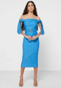 Little Mistress Belted Bardot Tie Sleeve Dress