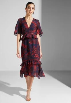 Plunge Neck Ruffle Detail Floral Print Dress