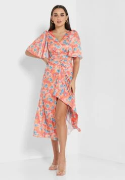 Little Mistress Floral Knot Detail Flute Sleeve Dress