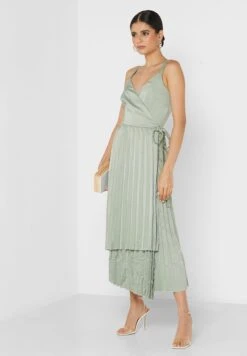 Little Mistress Khaki Satin Pleat Midaxi By Vogue Williams