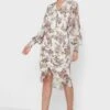 Plunge Neck Balloon Sleeve Printed Ruched Dress