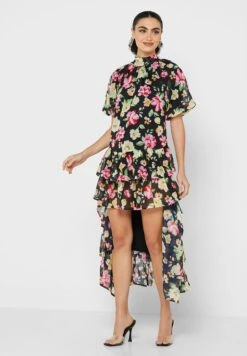 Large Floral Print High Low Midi Dress