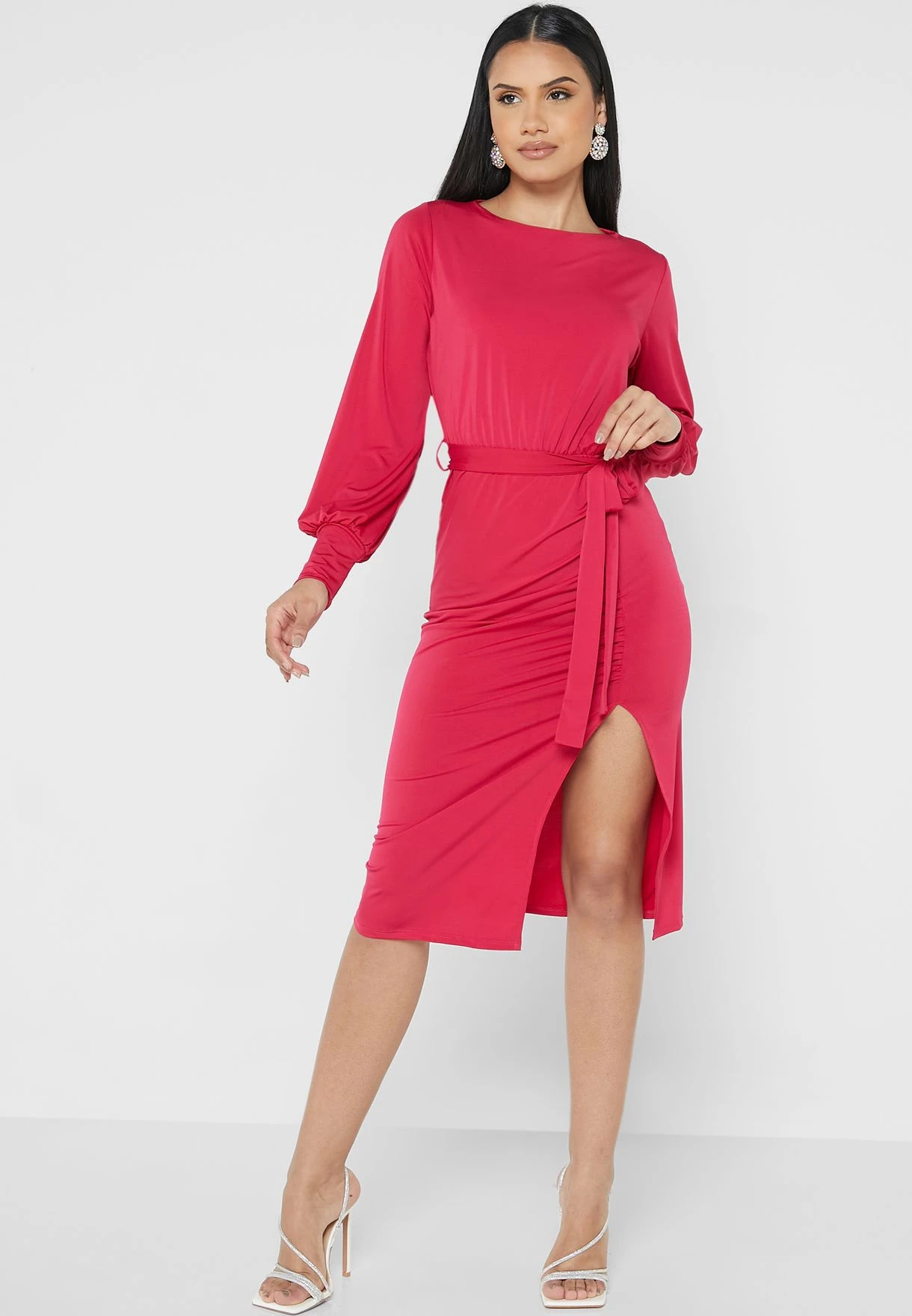 Balloon Sleeve Tie Detail Front Split Dress 1 Balloon Sleeve Tie Detail Front Split Dress
