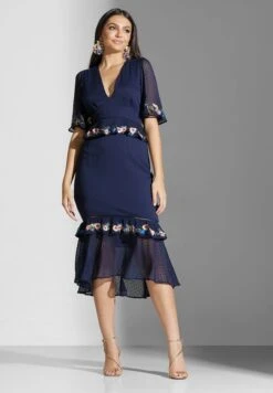 Embroidered Ruffle Hem Back Cut Dress