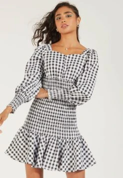 Checked Sweetheart Neck Dress