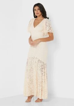 Little Mistress Surplice Lace Trim Ruffle Hem Dress