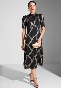 High Neck Tide Detail Printed Dress