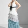 Color Block Ruffle Plunge Belted Dress