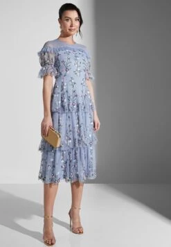 Floral Mesh Detail Ruffle Dress