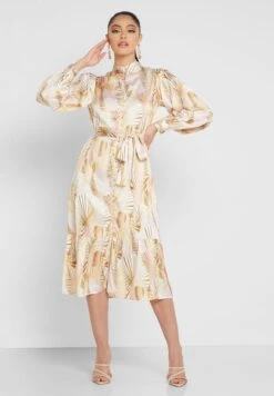 Belted Button Detail Printed Dress