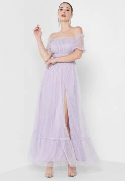 Bardot Puff Sleeve Front Slit Dress