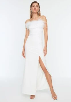 Trendyol Front Split Bardot Fur Detail Dress