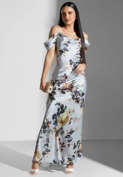 Cowl Neck Floral Print Cold Shoulder Dress