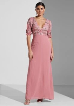 Floral Printed Puff Sleeve Plunge Neck Dress