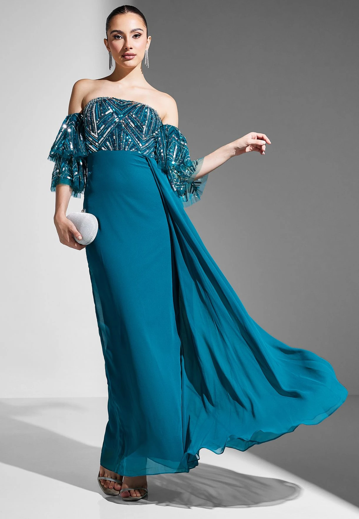 Embellished Bardot Drape Detail Dress 1 Embellished Bardot Drape Detail Dress