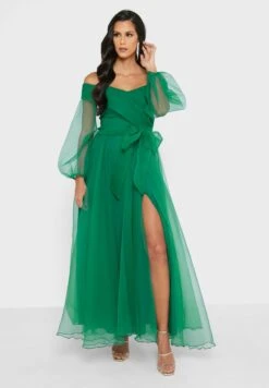 Organza Sleeve Off Shoulder Slit Detail Dress