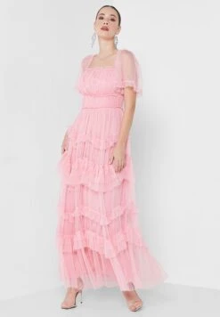 Square Neck Ruched Ruffle Dress