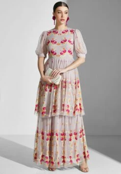 Floral Mesh Detail Ruffle Dress