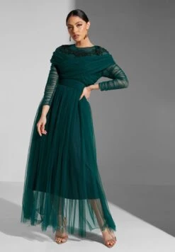 Embellished Pleated Dress With Ruching On Sleeve