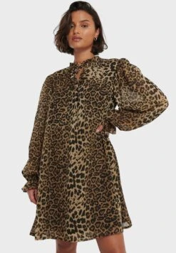 NA-KD Tie Neck Ruffle Detail Printed Dress