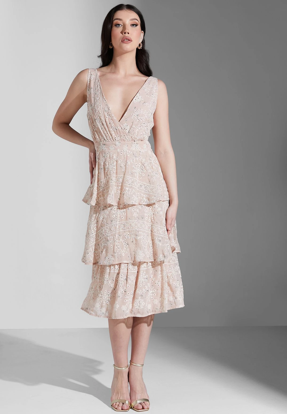 Floral Broiderie Bow Back Tiered Midi Dress 1 Floral Broiderie Bow Back Tiered Midi Dress