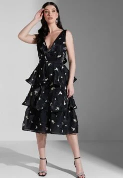 Floral Bow Back Tiered Midi Dress