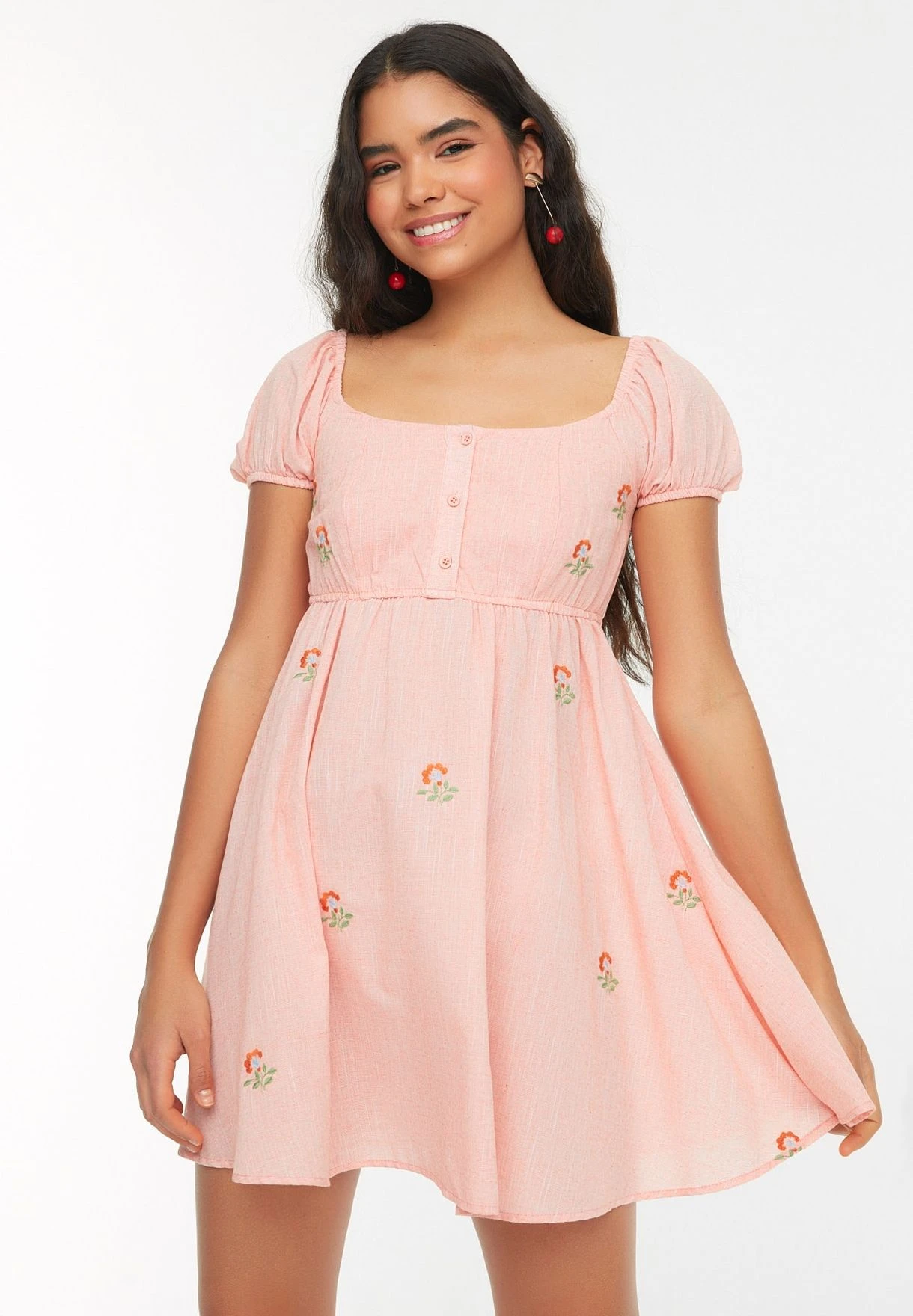 Trendyol Puff Sleeve Embroidered Button Detail Dress 1 Trendyol Puff Sleeve Embroidered Button Detail Dress