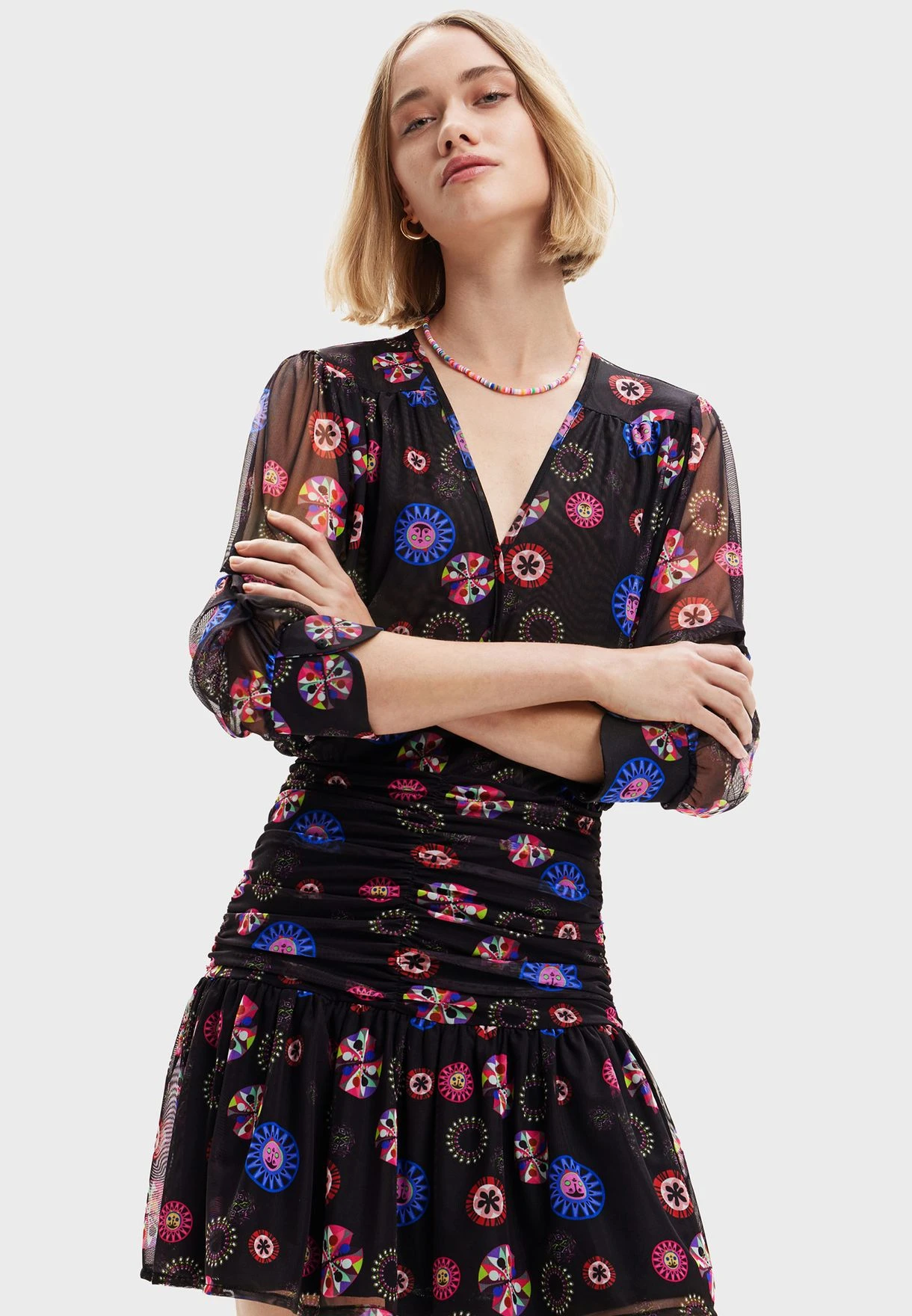 Desigual Puff Sleeve Printed Ruched Waist Dress 1 Desigual Puff Sleeve Printed Ruched Waist Dress