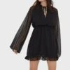 NASTY GAL Tie Neck Mesh Detail Skater Dress