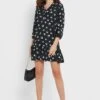 Button Detail Printed Tiered Hem Dress