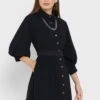 Puff Sleeve Belted Button Down Dress